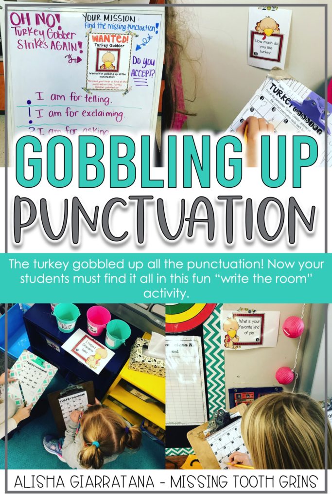 November activities in first grade need to be fun and engaging. This punctuation scoot game drums up excitement with the turkey gobbler. The sneaky turkey gobbled up all the punctuation and now your students need to find it!