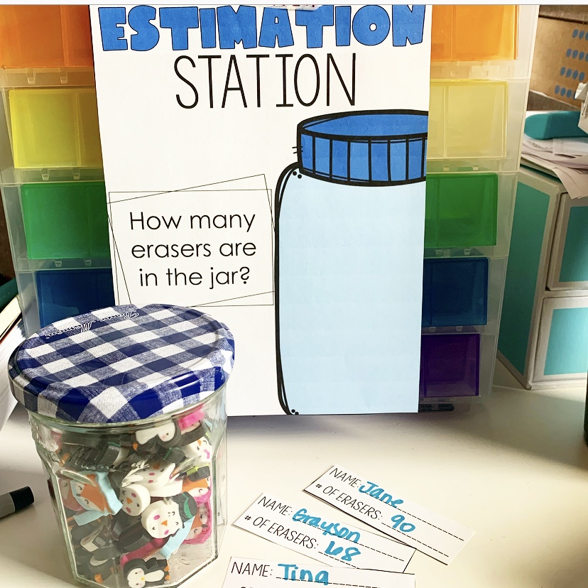 An estimation station is a great way to get your students involved on Back To School Night! Students guess how many erasers are in the jar and students will be excited to find out if they're right!