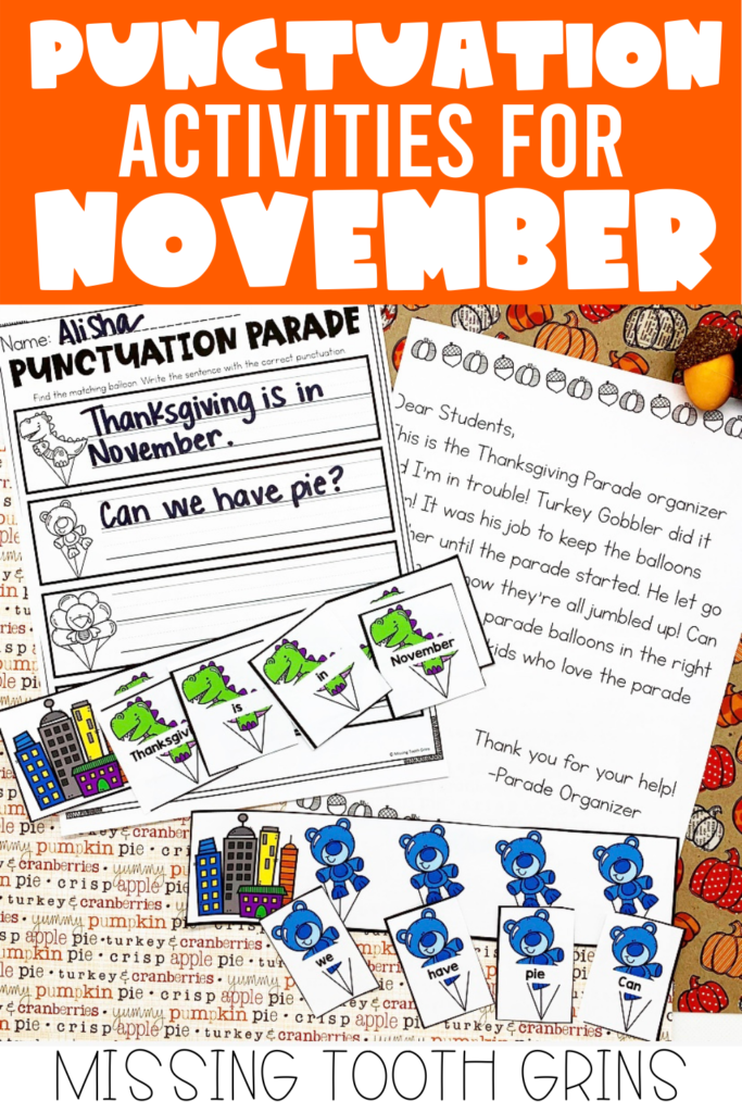 Ditch the punctuation worksheets! Teaching and reviewing punctuation and sentences can be fun and engaging with these exciting and adorable activities! First and second grade students will love these punctuation activities for write the room, centers, and independent work during November! These have a fun turkey and Thanksgiving theme and students will just gobble it up! #punctuationactivities