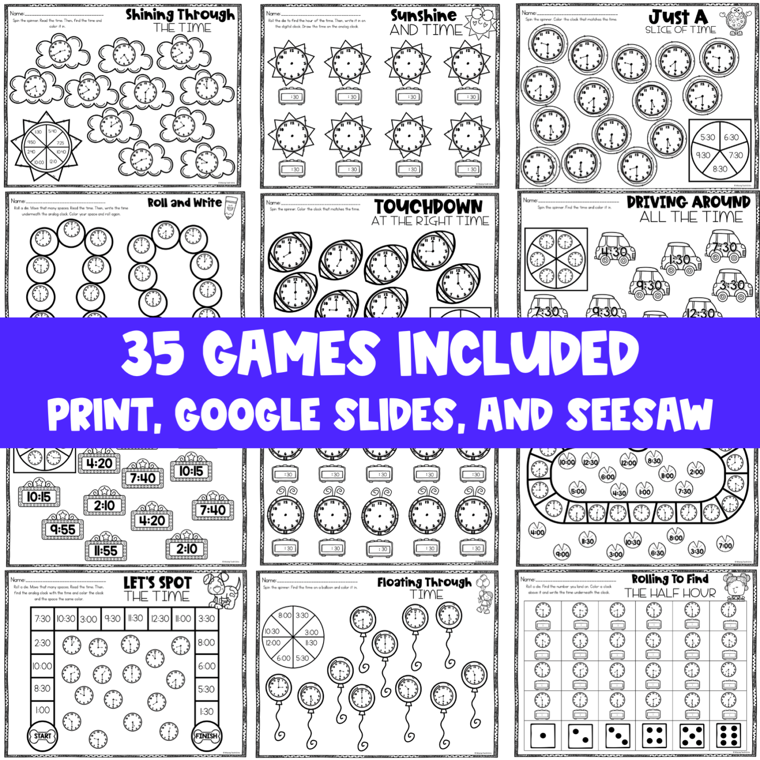 Telling Time Math Activities Bundle - Missing Tooth Grins